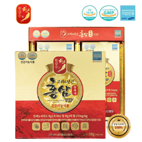 고려 6년근 100% 홍삼 농축액 VIP 2병 고함량 진세노사이드, 1개, 500g