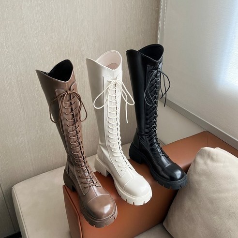 청키 레이스 업 슬림핏 레더 롱 부츠, 하야루 5.5cm 통굽 지퍼 디테일 프라다부츠 청키 레이스 업 슬림핏 레더 롱 부츠, 하야루 5.5cm 통굽 지퍼 디테일 프라다부츠