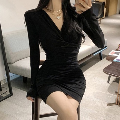 JQS 섹시 홀복 파티룩 하객룩 꼬임 셔링 원피스 5597