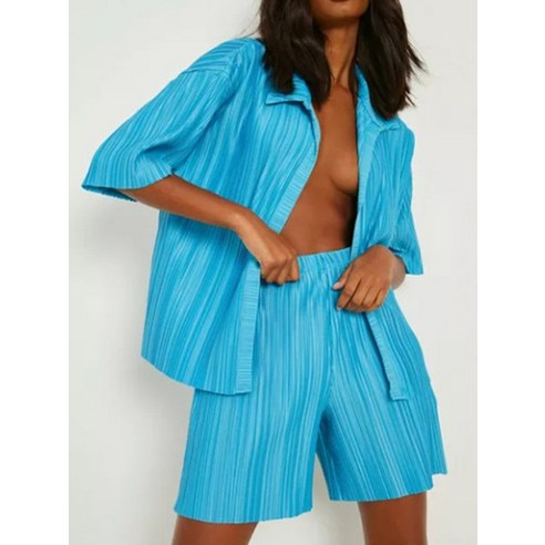 플리츠 바지 원피스 세트 여름 주름 여성 셔츠 반 투피스 대형 옷깃 셔츠 미니 짧은