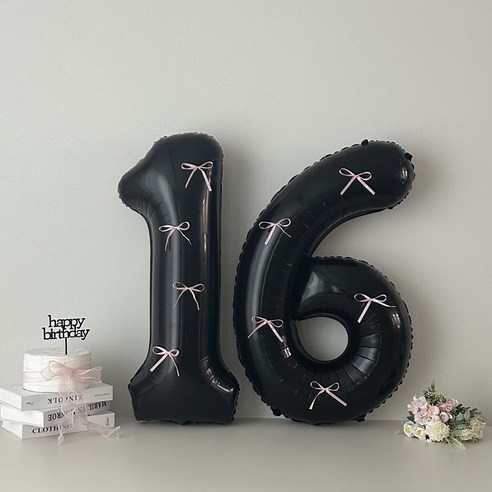연지마켓 블랙 대형 숫자 풍선 리본 기념일 생일, 1개, 핑크리본 + 블랙숫자 16