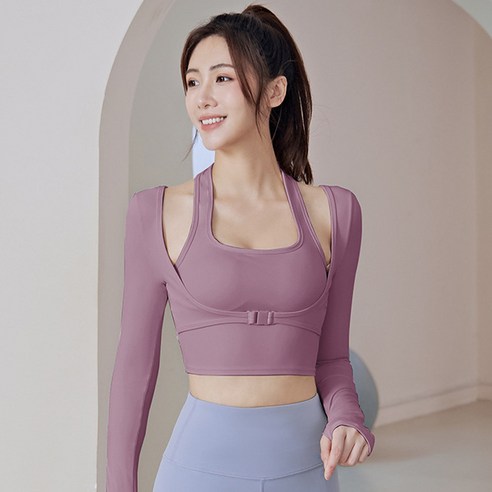 블리핏 홀터넥 레이어드 핑거홀 롱슬리브 필라테스 상의