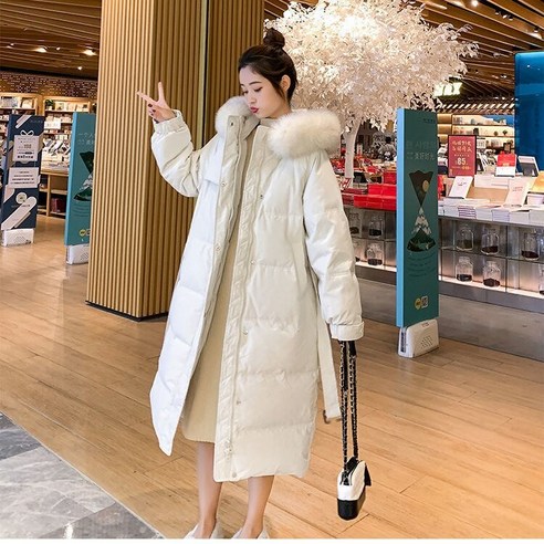 화이트 오리 다운 자켓 여성 중반 여우 모피 큰 모피 칼라 새로운 루스 오버 무릎 양털 안감 여성 겨울