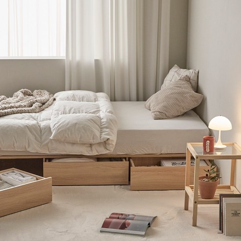 수면의 편안함과 공간의 실용성을 한 번에 즐기는 매트리 가득 무헤드 서랍침대
