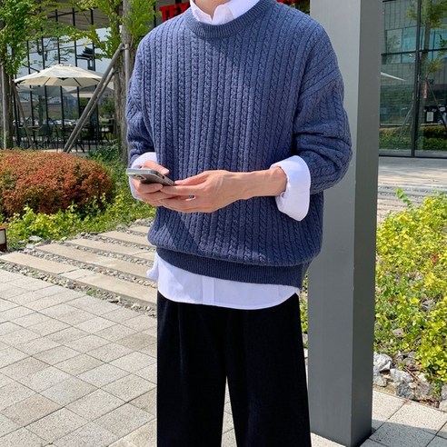 높은 품질의 재료로 제작된 제타22 남녀공용 고급 워셔블 프리미엄 베이직 오버핏 꽈배기 케이블 라운드 니트