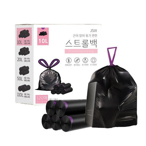 스트롤백 끈 달린 검정 비닐 봉투 배달 묶기 편한 끈있는, 120개, 10L
