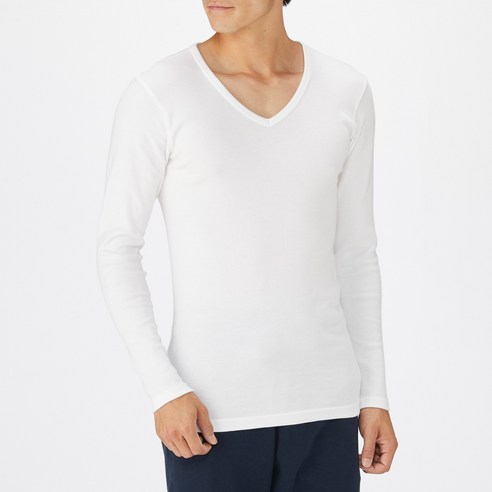 무인양품 MUJI 남성 따뜻한 코튼 울 스무스 V넥 긴소매 티셔츠