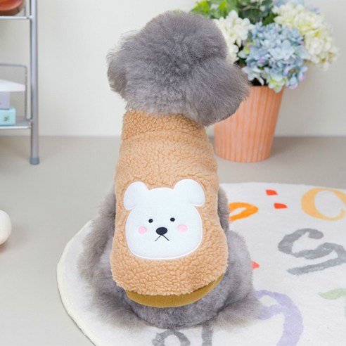 [말랑콩떡] 강아지 외출복 아가일 곰 후리스, 베이지