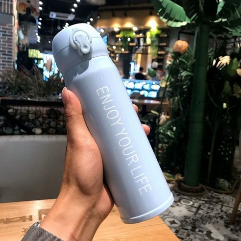 304 스테인레스 스틸 보온병 컵 남성과 여성 물 컵 한국어 버전 간단한 기능 컵 휴대용 대용량 차 컵, 350ml 블루 엔조이, {"패션의류/잡화 사이즈":"싱글 컵"}