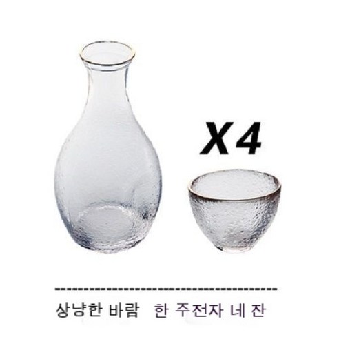 스노우드림 일본식 가정용 매실잔 대형 소주잔 막걸리잔 유리 컵, 프놈펜 스타일_한 주전자 네 잔