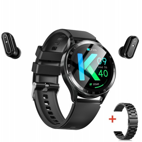 ITech 스마트워치 블루투스 이어폰 투인원 TWS 무선 두 귀 통화로 음악 듣기, 스틸 밴드 블랙, 33cm, GPS + 블루투스