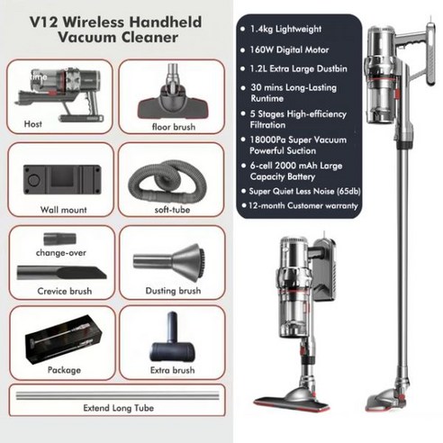 V12 무선 핸드헬드 청소기 180W 10kPa 흡입력 5IN 1봉 스탠드 청소기 다기능 가정용 자동차 진드기 청소기, V12 160W Pro, JP