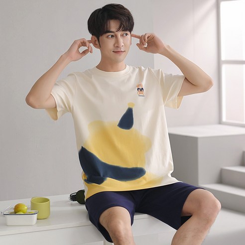 DFMEI 커플 순면 반팔 반바지 파자마 캐주얼 맨투맨 캐릭터 면 반팔 커플 집거복을 입고 야드를 크게 입다.