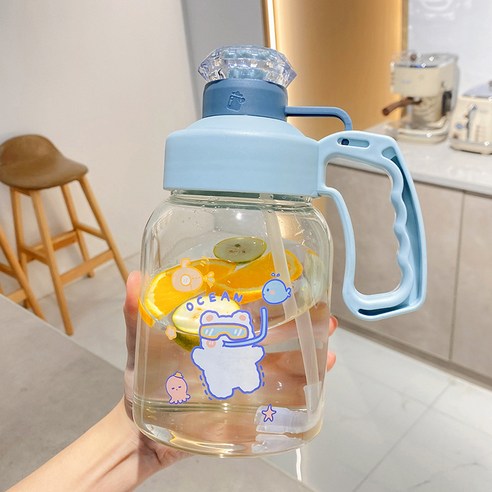 유리컵 휴대용 대용량 물컵 1000ml 창의적인 야외 스포츠 헬스 차 담그는 물병 네이비(가죽 커버 없음), 연한 남색 (가죽 커버 없음)