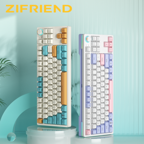 ZIFRIEND ZA87 LED 예쁜 5핀 유선 게이밍 기계식 키보드 커스텀 노브 레인보우 무빙 RGB 핫스왑 황축 저소음 이중 흡음재 공장 윤활 위성축 87키