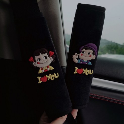 RENXING 귀여운 안전벨트 자동차 공용 안전벨트 커버, 큰머리소년[짧은플러시블랙]안전어깨패드