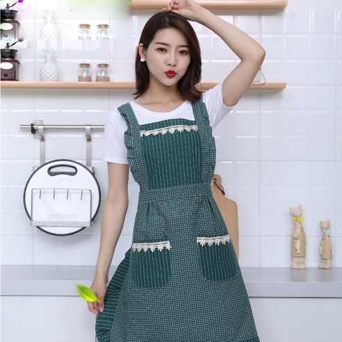 주방 앞치마 이층 린넨 방수 바리스타, 녹색