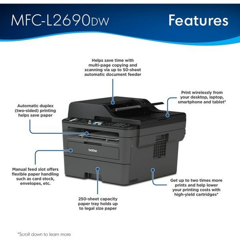 Brother 브라더 프리미엄 MFC-L2690DW 시리즈 콤팩트 모노크롬 올인원 레이저 프린터 | 인쇄 복사 스캔 팩스 무선 모바일 자동 양면 ADF 26ppm (갱신)