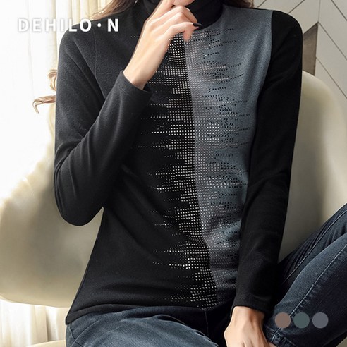 데일로엔 여성용 컬러 배색 센터 비즈 포인트 기모 폴라 긴팔 니트