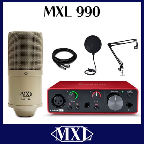 [레코딩장비] MXL990 콘덴서 마이크 + 쇼크마운트 + 스칼렛 솔로 solo + 관절스탠드 + 팝필터 + 케이블 스튜디오 패키지