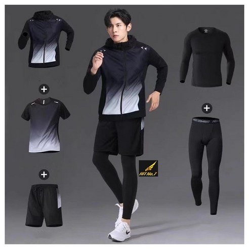 (5PCS 세트)BLACK FIT 남성 컴프레션 트레이닝복 세트 빅사이즈 반팔 반바지 긴팔 피트니스 헬스 축구 레깅스 운동복 봄 여름 가을 겨울 NK401