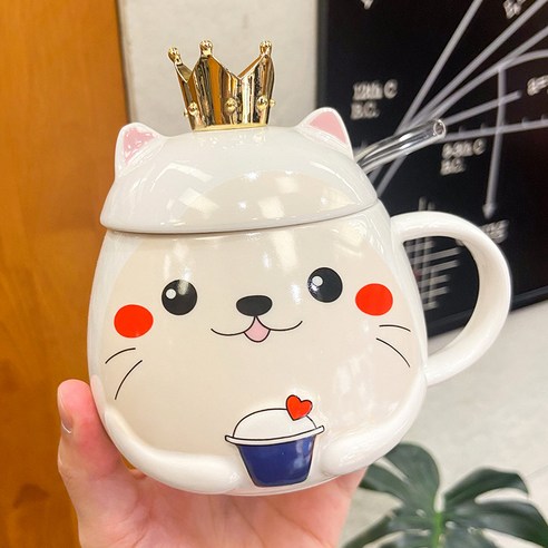 동물 왕관 귀엽다 고양이 도자기 컵 남녀 가정용 커플 컵 개성 사무용 머그컵, 빨대-화이트, 500ML