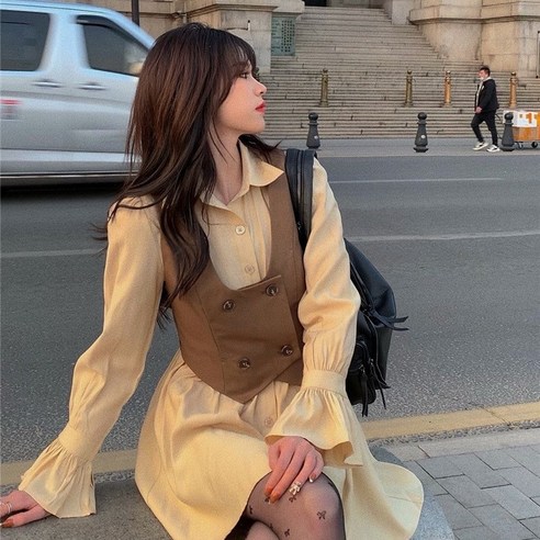 KORELAN 폴로넥 원피스 가을 달콤한 핏 허리 잡아 날씬해 보이는 긴팔 스커트 유자녀양기운
