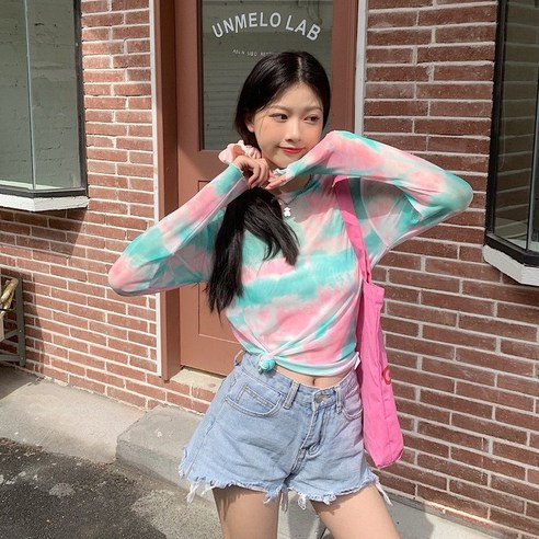 DFMEI 선 스크린 메쉬 셔츠 여성 긴 소매 실크 내부 여름 새로운 얇은 넥타이 염색 티셔츠 탑, DFMEI 넥타이 염색 빨간색과 녹색