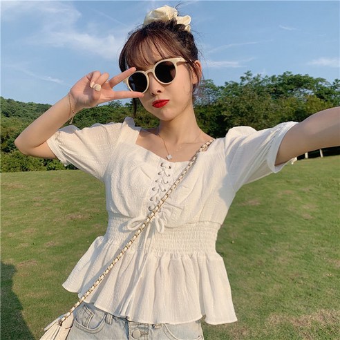 LCY 여성 반팔 셔츠 여름 새로운 한국어 스타일 달콤한 디자인 넥타이 칼라 셔츠 짧은 허리 탑