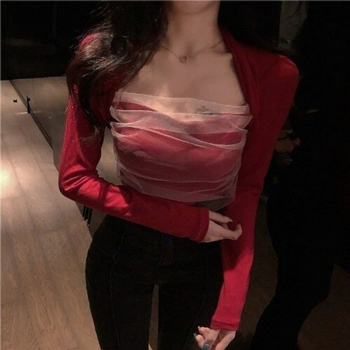 여성후드티 메쉬 스플 라이스 티셔츠 스퀘어 넥 2023 봄 가을 기질 탑 뉴 네트 레드 슬림 다목적 우아한 탑 패션