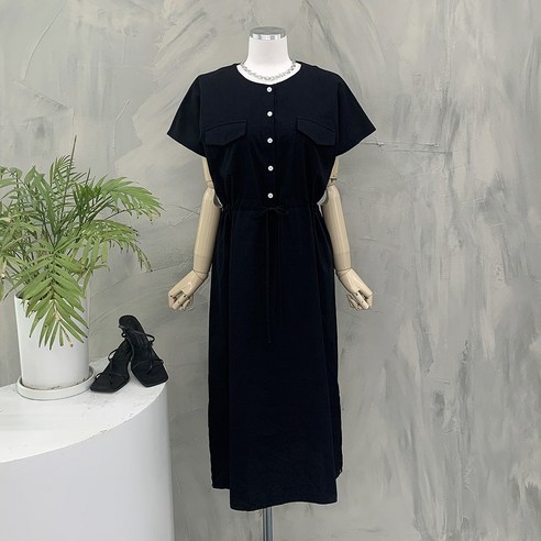 [행복여]로엔 플랩 노카라 루즈핏 스트링 롱 원피스