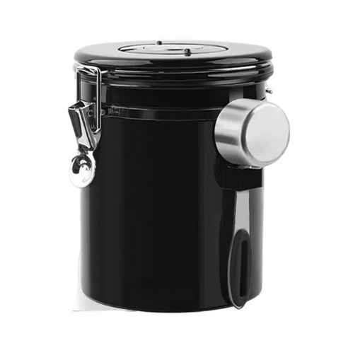 엘빈스 배기 밸브 스테인리스 스틸 밀봉 스푼 포함 커피보관용기 1.5L, 1개, 블랙