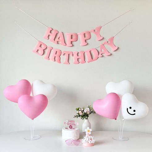 연지마켓 생일 가랜드 하트 풍선 파티 용품 세트 (레터링포함), 1세트, 핑크가랜드 스마일 스티커
