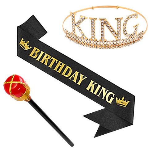 3종 세트 남자 생일 파티 왕관 패키지 아들 킹 왕자 소품 크라운 머리띠 어깨띠 지팡이 축하 용품, S99002B, 1세트, 블랙+골드