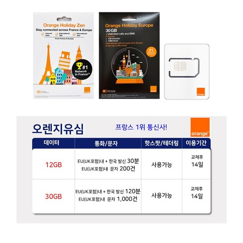 유럽유심 프랑스 오렌지 유심, 14일, 12GB, 1개