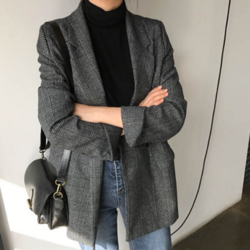 가을 여성 빅사이즈 블랙 체크 오버클래식 블레이저 재킷 가을 여성 빅사이즈 블랙 체크 오버클래식 블레이저 재킷