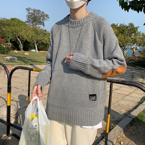 KORELAN 빈티지 패치 스웨터남성 루즈핏 스웨터 라운드 칼라 캐주얼 니트 롱 슬리브 트렌드