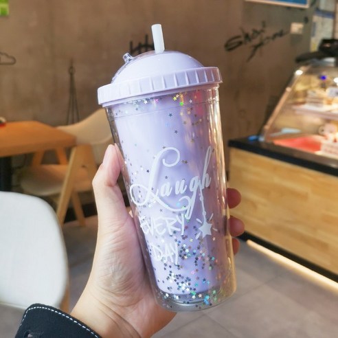 뉴 어쿠스틱 라커 플라스틱 물컵 패션의 여신 이중 수분컵 휴대용 누수방지 빨대컵, 담자색_550ml