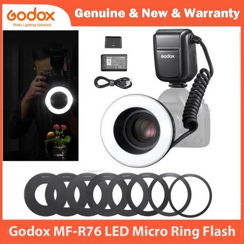 기 Godox MF-R76 LED 마이크로 링 플래시 리튬 이온 배터리 어댑터 캐논 호환 소니 니콘 후지 올림푸스 파나소닉 펜탁스, [01] Godox MF-R76, 1)Godox MF-R76