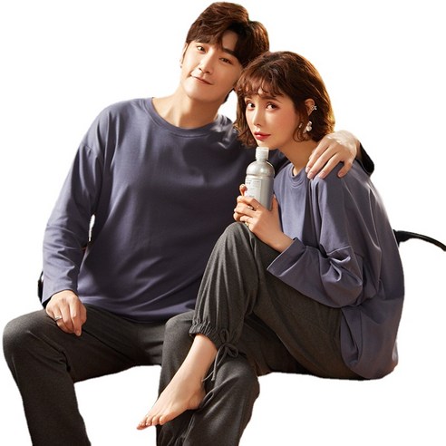 ANKRIC 심플 한국판 맨투맨 면 커플 잠옷 여 가을 긴팔 팬츠 인스 단가라 세트실내복녀