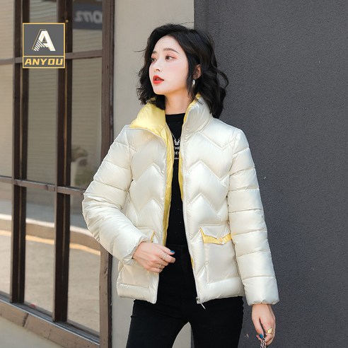 ANYOU 경량 다운 여자 쇼트 미니멀룩 한국 패션 믹스매치 겨울옷 2022 블랙 오리털 쇼트 코트 숏패딩