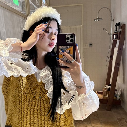 KORELAN 감미로운 빅터틀 레이스 블라우스 봄옷 펀칭 레이어드 베이스가 돋보이는 긴팔 셔츠
