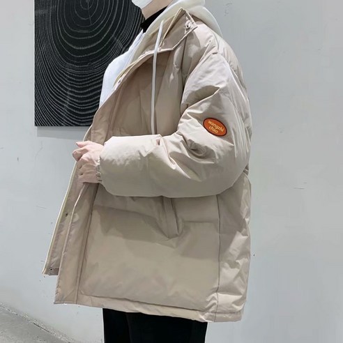mxt가짜 투피스 후드 코튼 패딩 코트 남자 가을 겨울 패션 브랜드 디자인 감각 유행 느슨한 라벨 블루 코튼 패딩 코트