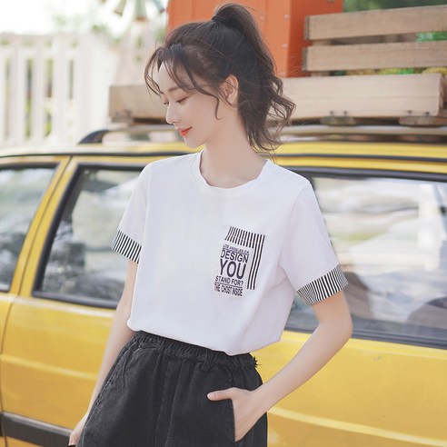 Kakqi 2020 여름 신상품 학생 흰색 티셔츠 반소매 스트라이프 느슨한 편지 짧은 소매 티셔츠