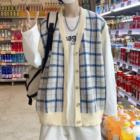 DFMEI 일본식 레트로 체크 무늬 카디건 스웨터 조끼 남자 봄과 가을 스타일 유행 느슨한 니트 조끼 코트