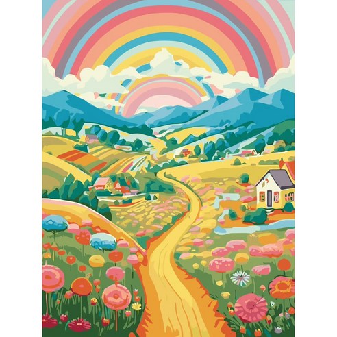 luntim DIY 명화그리기 유화 그림 그리기 선물 아크릴화 30x40 밝은 색 힐링 풍경화, 레인보우 빌리지, 1개