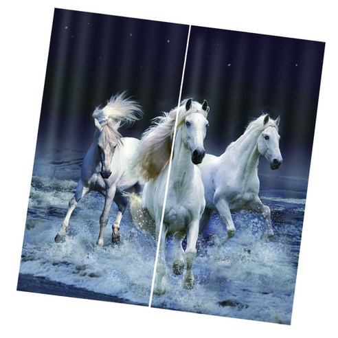 3D 동물 효과 커튼 침실 식당 창 드레이프 배경막 2Panel, 세 Horses-75x166cm, 설명