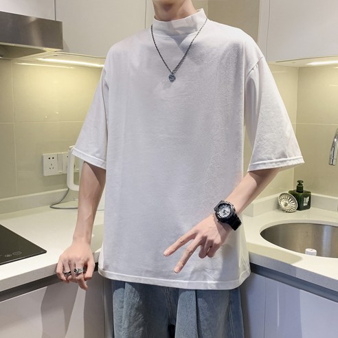 DFMEI 하프 터틀넥 반소매 티셔츠 남자의 느슨한 단색 셔츠 여름 한국 스타일 유행 잘 긴 반소매 탑
