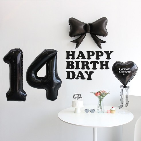 이벤트홀릭 블랙 풍선 생일파티용품세트 (자유레터링) 리본 숫자 풍선 가랜드, 1개, 14