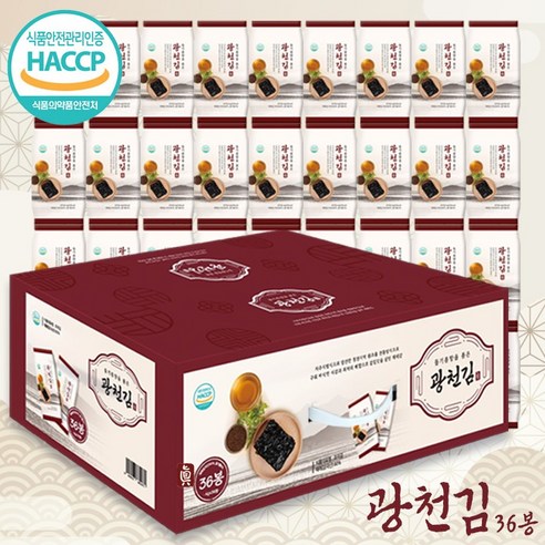 HACCAP 들기름 향을 품은 광천김 36봉 선물세트 부드럽고 바삭한 식감 온 가족 밥 반찬 도시락김 4g 김, 1개